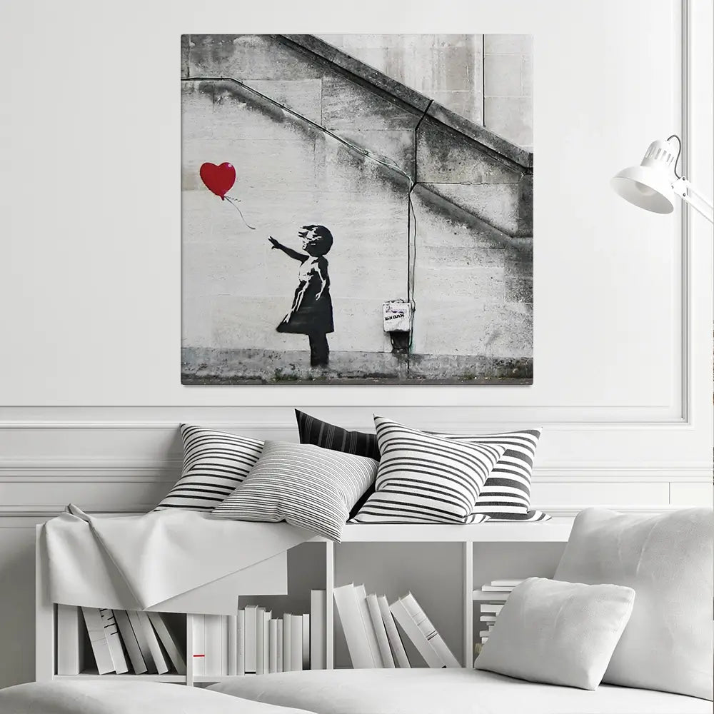Girl And Heart Balloon Square Canvas Print Girl And Heart Balloon Square Canvas Print wall art product Banksy
