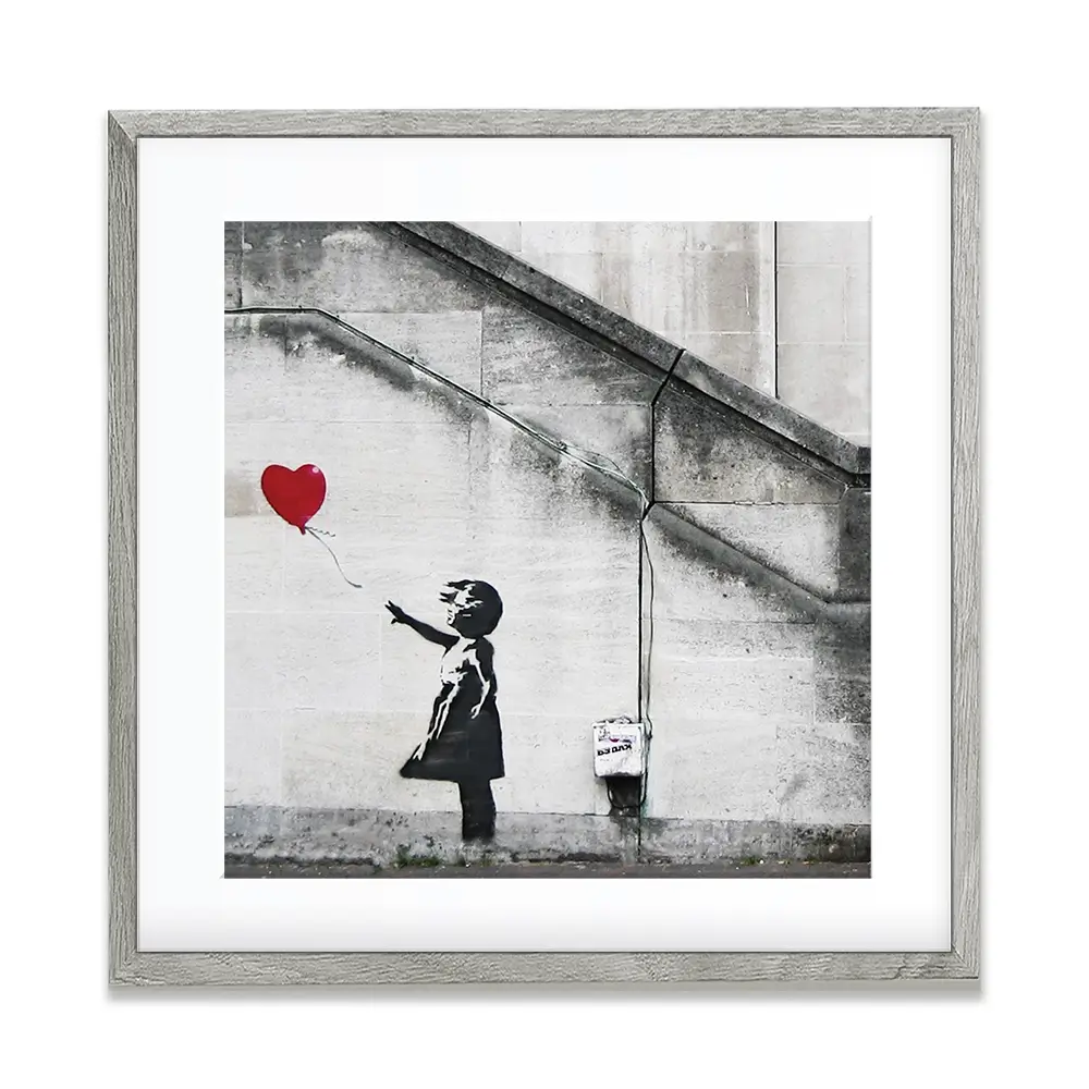 Girl And Heart Balloon Square Framed Art Print Girl And Heart Balloon Square Framed Art Print wall art product Banksy