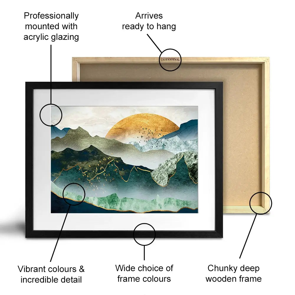 Green Golden Mountains By Sunset Framed Art Print Green Golden Mountains By Sunset Framed Art Print wall art product Cesar_Torres / Shutterstock