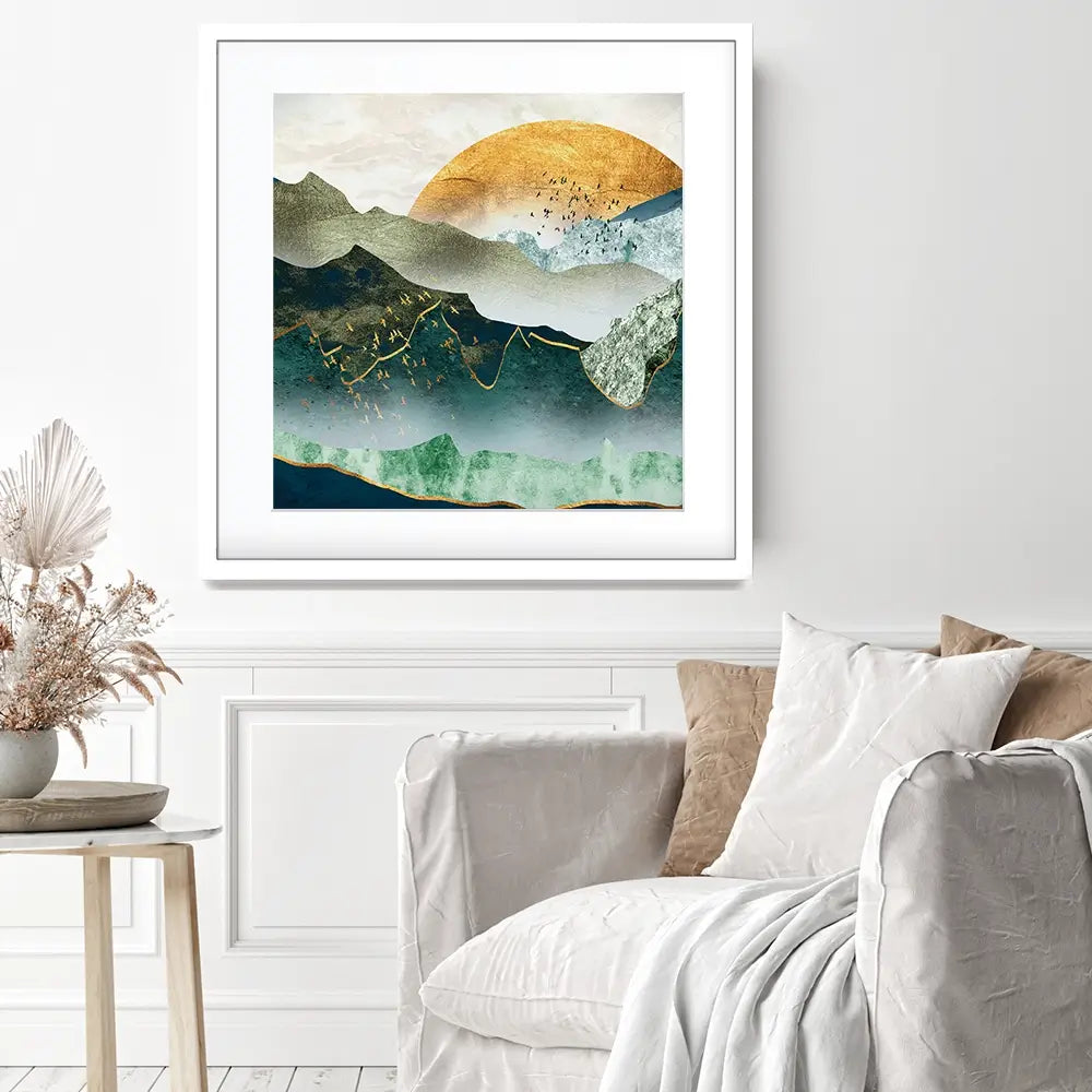 Green Golden Mountains By Sunset Square Framed Art Print Green Golden Mountains By Sunset Square Framed Art Print wall art product Cesar_Torres / Shutterstock