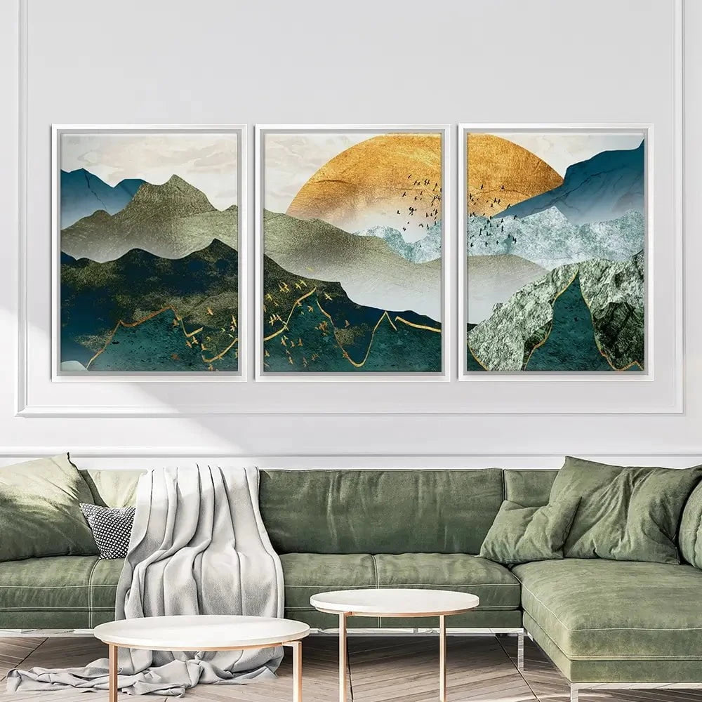 Green Golden Mountains By Sunset Trio Canvas Print Green Golden Mountains By Sunset Trio Canvas Print wall art product Cesar_Torres / Shutterstock