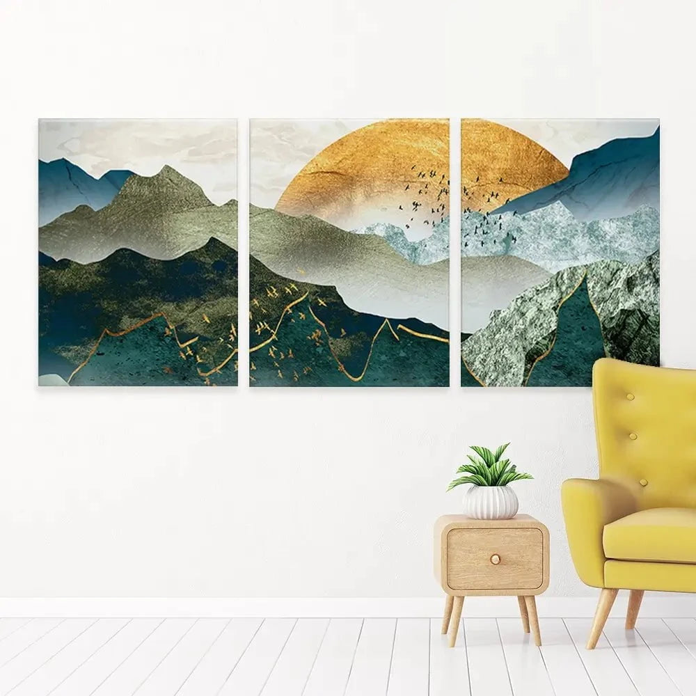 Green Golden Mountains By Sunset Trio Canvas Print Green Golden Mountains By Sunset Trio Canvas Print wall art product Cesar_Torres / Shutterstock