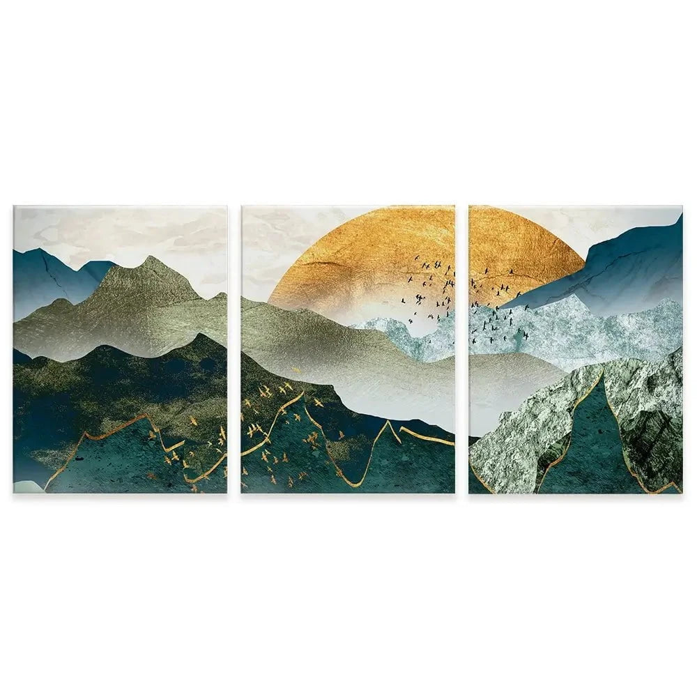 Green Golden Mountains By Sunset Trio Canvas Print Green Golden Mountains By Sunset Trio Canvas Print wall art product Cesar_Torres / Shutterstock