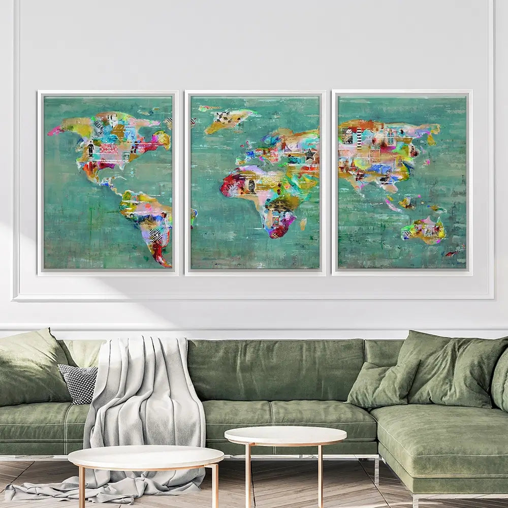 Green Map Of The World Trio Canvas Print Green Map Of The World Trio Canvas Print wall art product Studio Paint-Ing