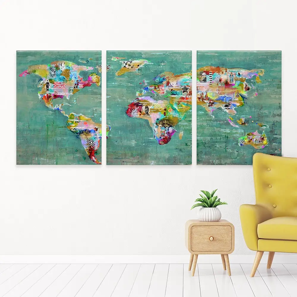 Green Map Of The World Trio Canvas Print Green Map Of The World Trio Canvas Print wall art product Studio Paint-Ing