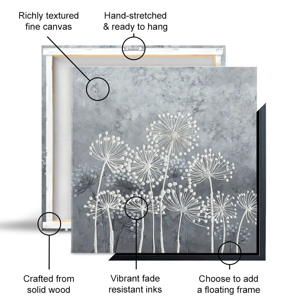 Grey And White Dandelions Square Canvas Print Grey And White Dandelions Square Canvas Print wall art product Art Print Shop