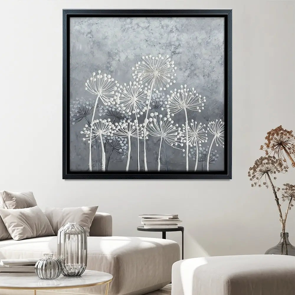 Grey And White Dandelions Square Canvas Print Grey And White Dandelions Square Canvas Print wall art product Art Print Shop