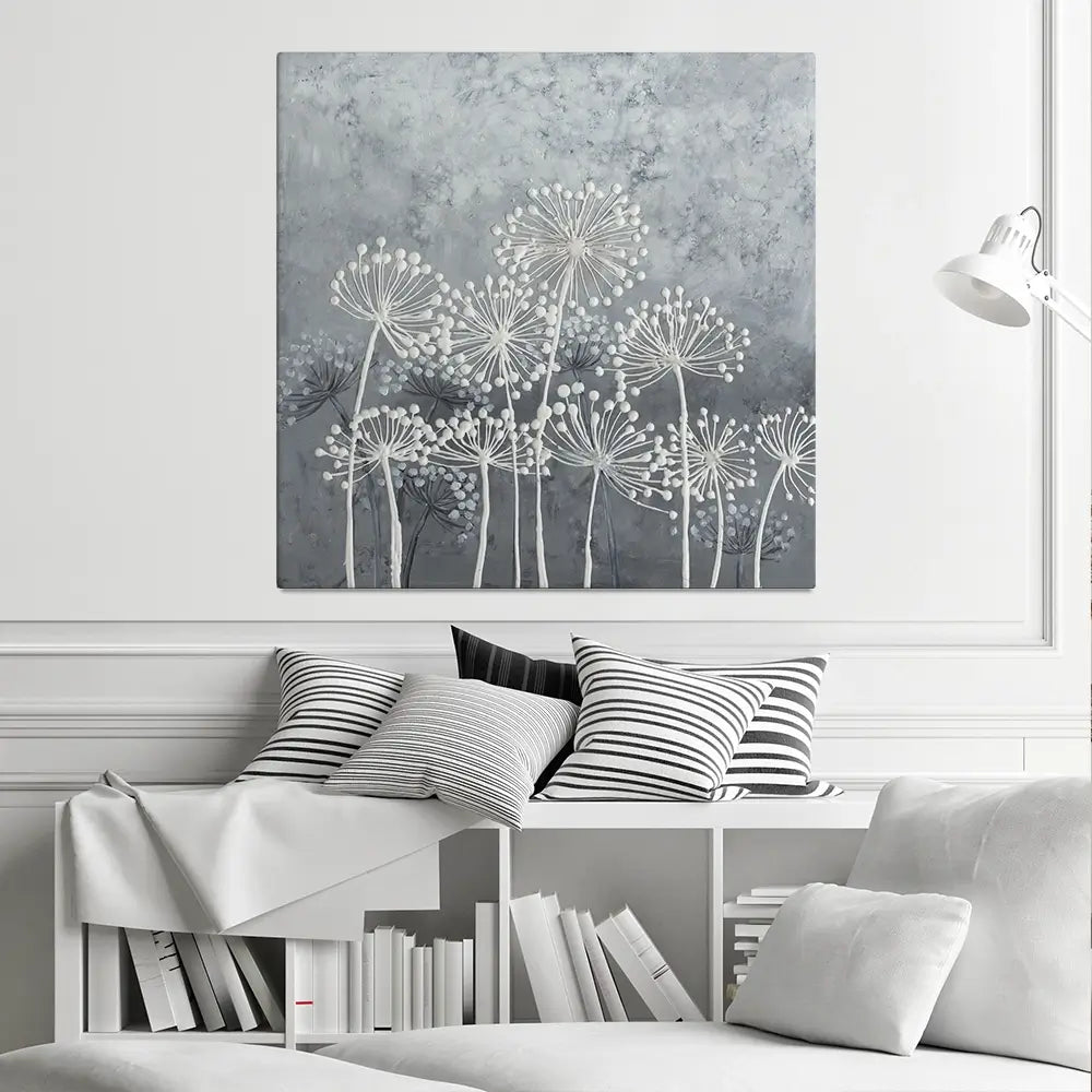 Grey And White Dandelions Square Canvas Print Grey And White Dandelions Square Canvas Print wall art product Art Print Shop