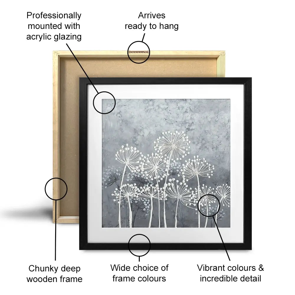 Grey And White Dandelions Square Framed Art Print Grey And White Dandelions Square Framed Art Print wall art product Art Print Shop