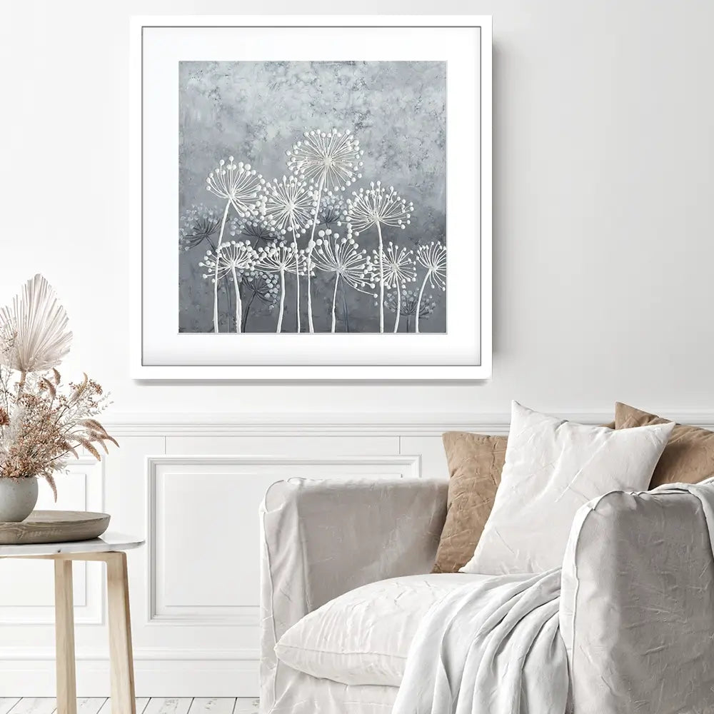 Grey And White Dandelions Square Framed Art Print Grey And White Dandelions Square Framed Art Print wall art product Art Print Shop