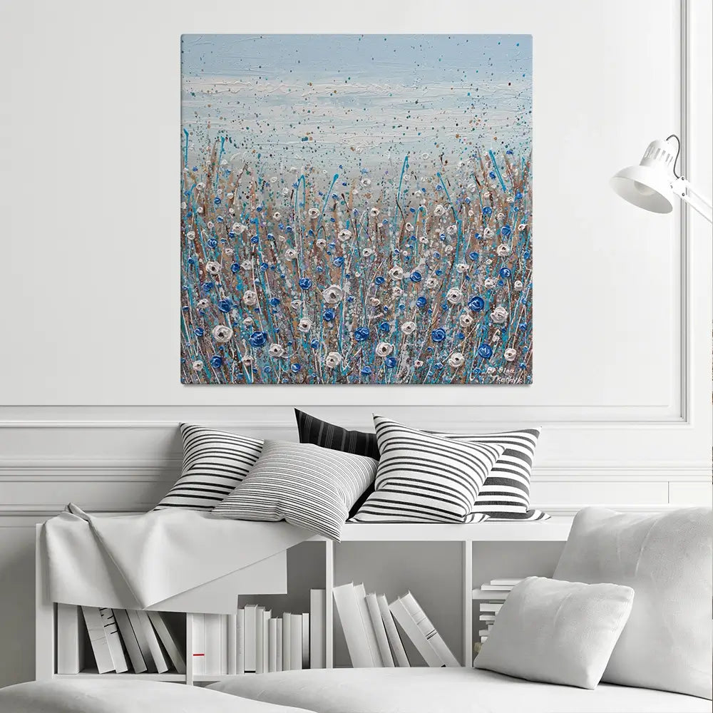 Grey, Blue And White Flowers Square Canvas Print Grey, Blue And White Flowers Square Canvas Print wall art product Olga Tkachyk