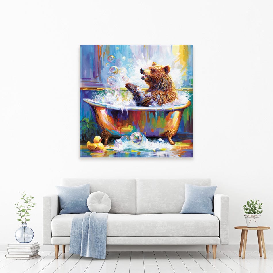Happy Bear In Bathtub Canvas Print wall art product Leon Devenice