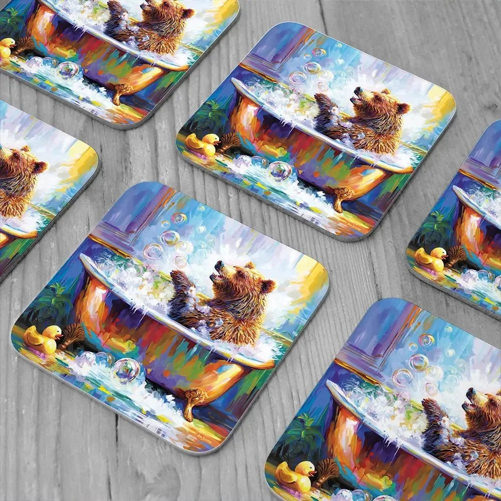 Happy Bear In Bathtub Coaster Set Rainbow Soul Tree Coaster Set | Rainbow Soul Tree Art Coasters wall art product Leon Devenice