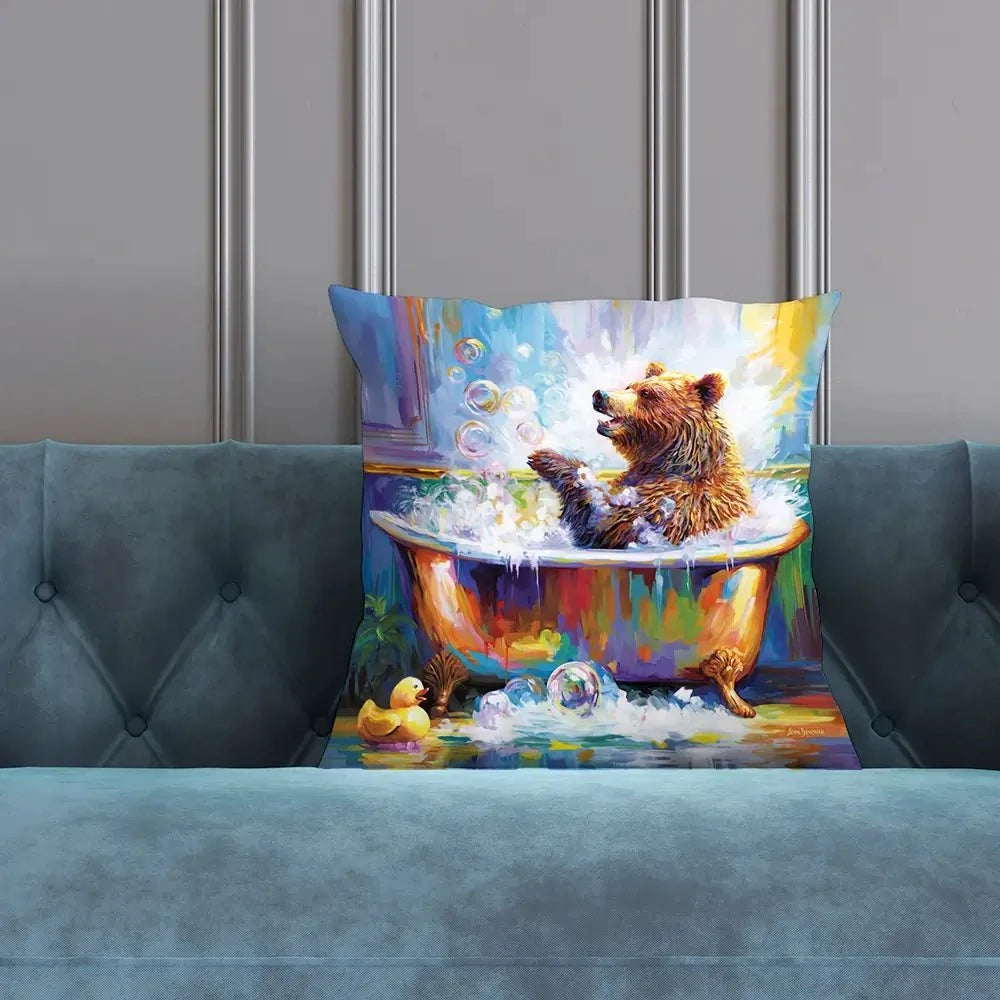 Happy Bear In Bathtub Cushion Happy Bear In Bathtub Cushion wall art product Leon Devenice