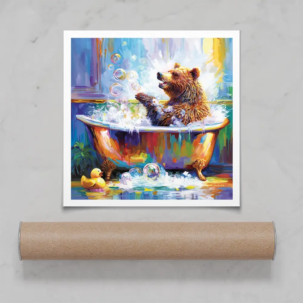 Happy Bear In Bathtub Square Art Print Happy Bear In Bathtub Square Art Print wall art product Leon Devenice