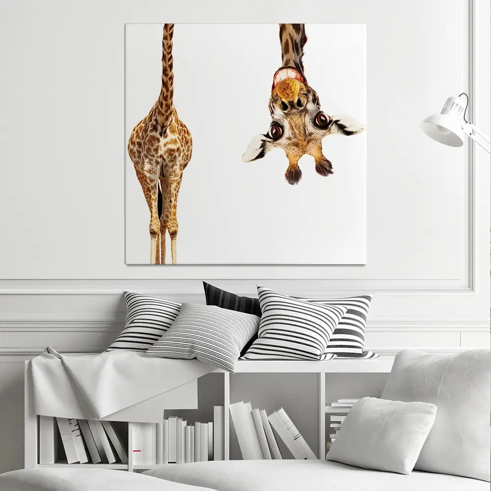 Happy Upside Down Giraffe Square Canvas Print Happy Upside Down Giraffe Square Canvas Print wall art product Sergey Novikov / Shutterstock