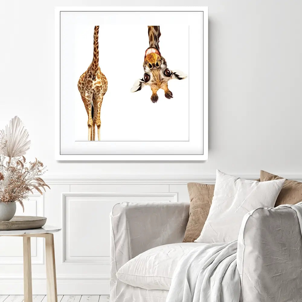 Happy Upside Down Giraffe Square Framed Art Print Happy Upside Down Giraffe Square Framed Art Print wall art product Sergey Novikov / Shutterstock