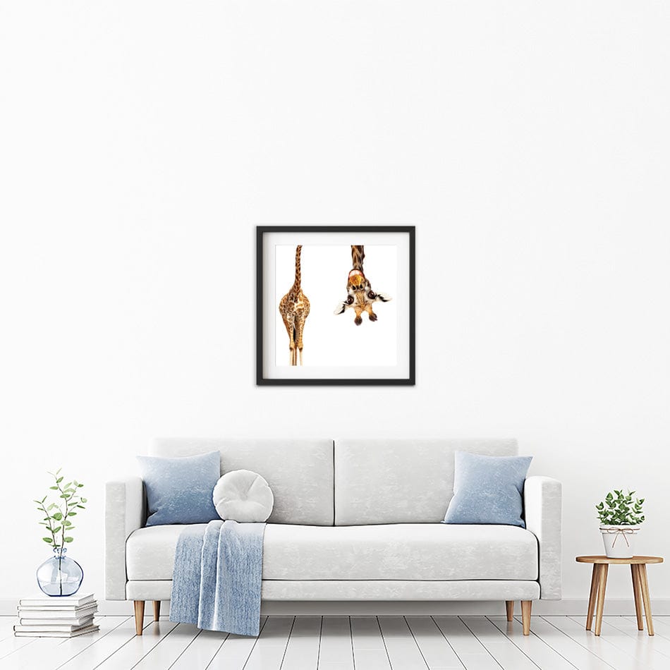 Happy Upside Down Giraffe Square Framed Art Print wall art product Sergey Novikov / Shutterstock