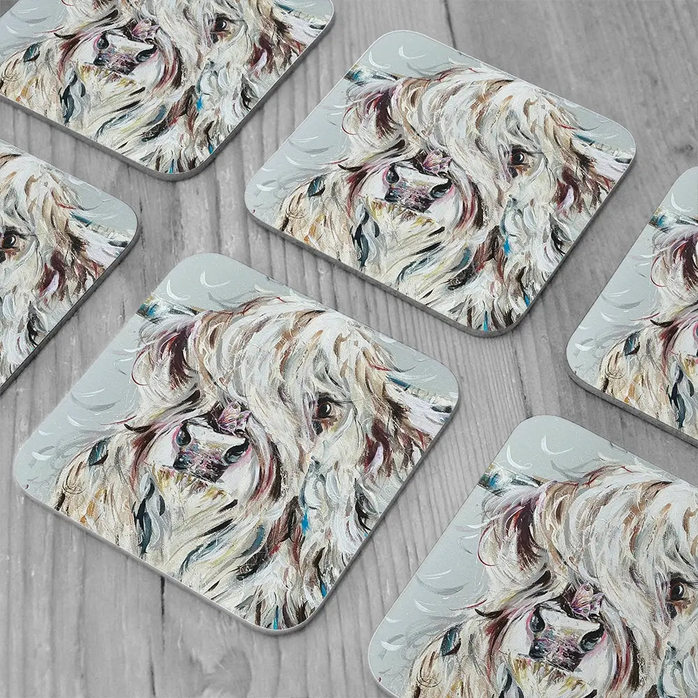 Highland Cow And Butterfly Coaster Set Highland Cow And Butterfly Coaster Set wall art product Nicola Jane Rowles