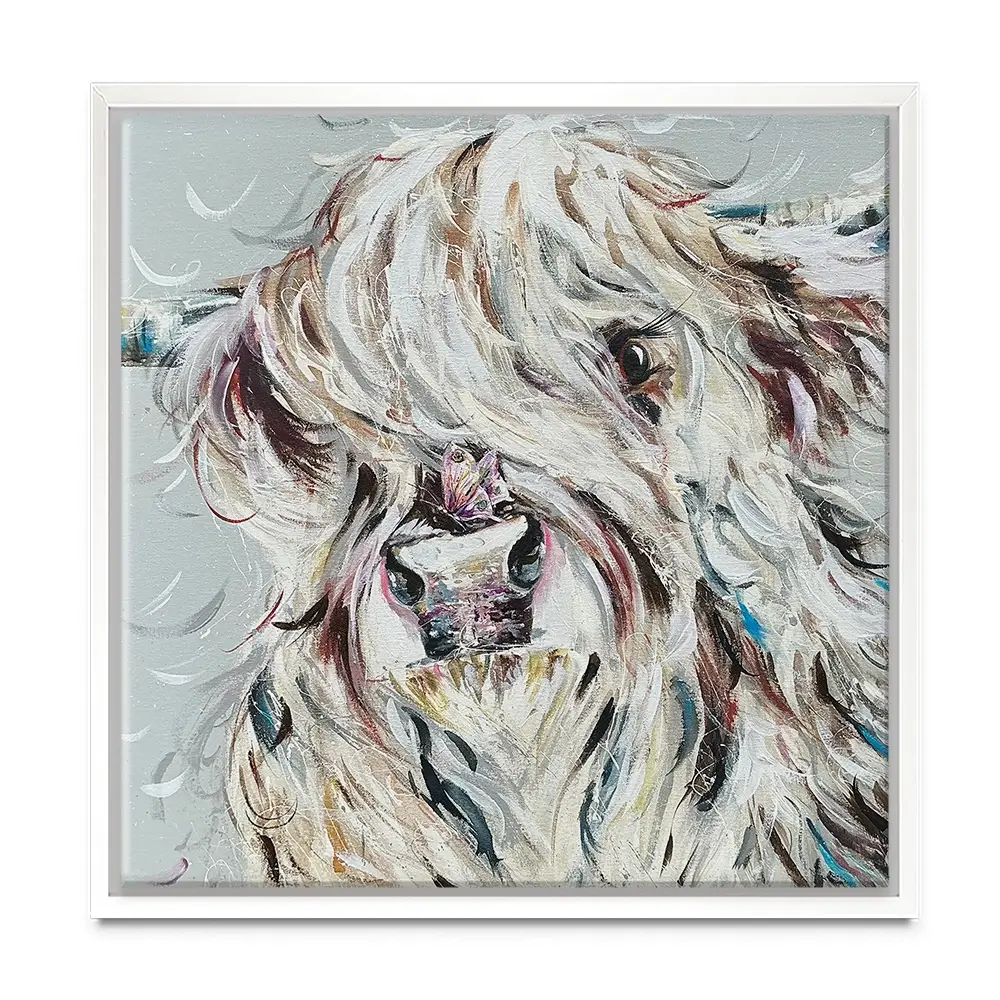 Highland Cow And Butterfly Square Canvas Print Highland Cow And Butterfly Square Canvas Print wall art product Nicola Jane Rowles