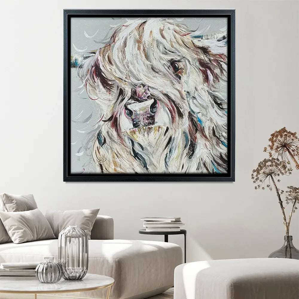 Highland Cow And Butterfly Square Canvas Print Highland Cow And Butterfly Square Canvas Print wall art product Nicola Jane Rowles