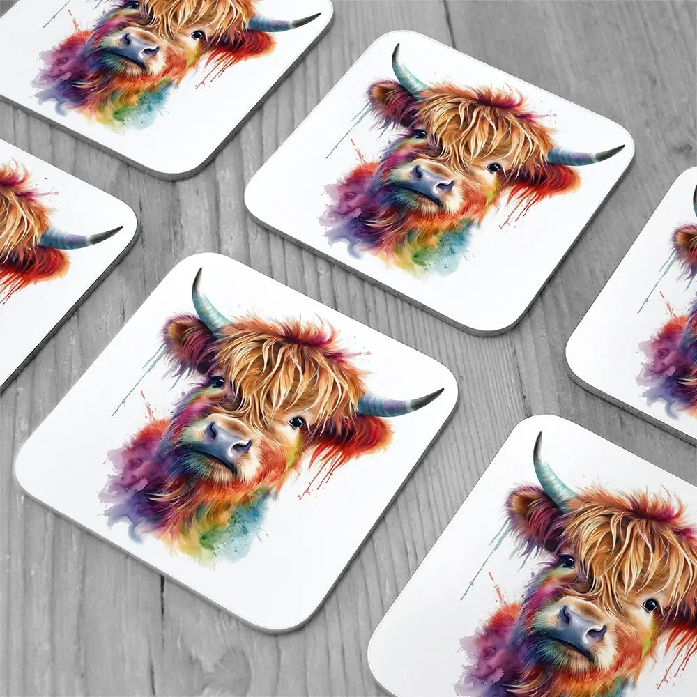 Highland Cow In Colour Coaster Set Rainbow Soul Tree Coaster Set | Rainbow Soul Tree Art Coasters wall art product LSR Design Studio - Independent
