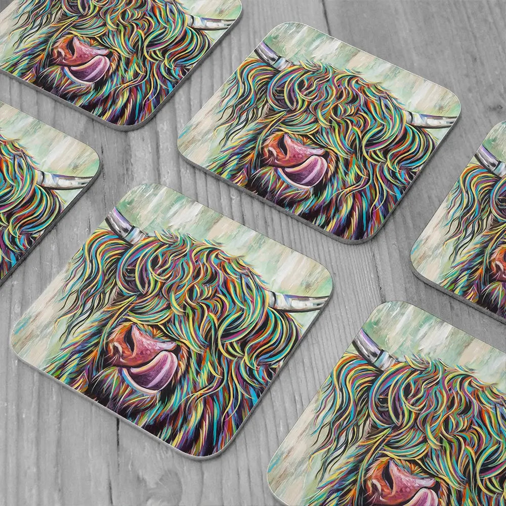 Highland Cow Licking Coaster Set Highland Cow Licking Coaster Set wall art product Art Print Shop