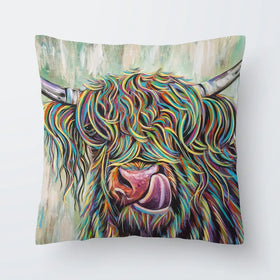 Highland Cow Licking Cushion Highland Cow Licking Cushion wall art product Art Print Shop