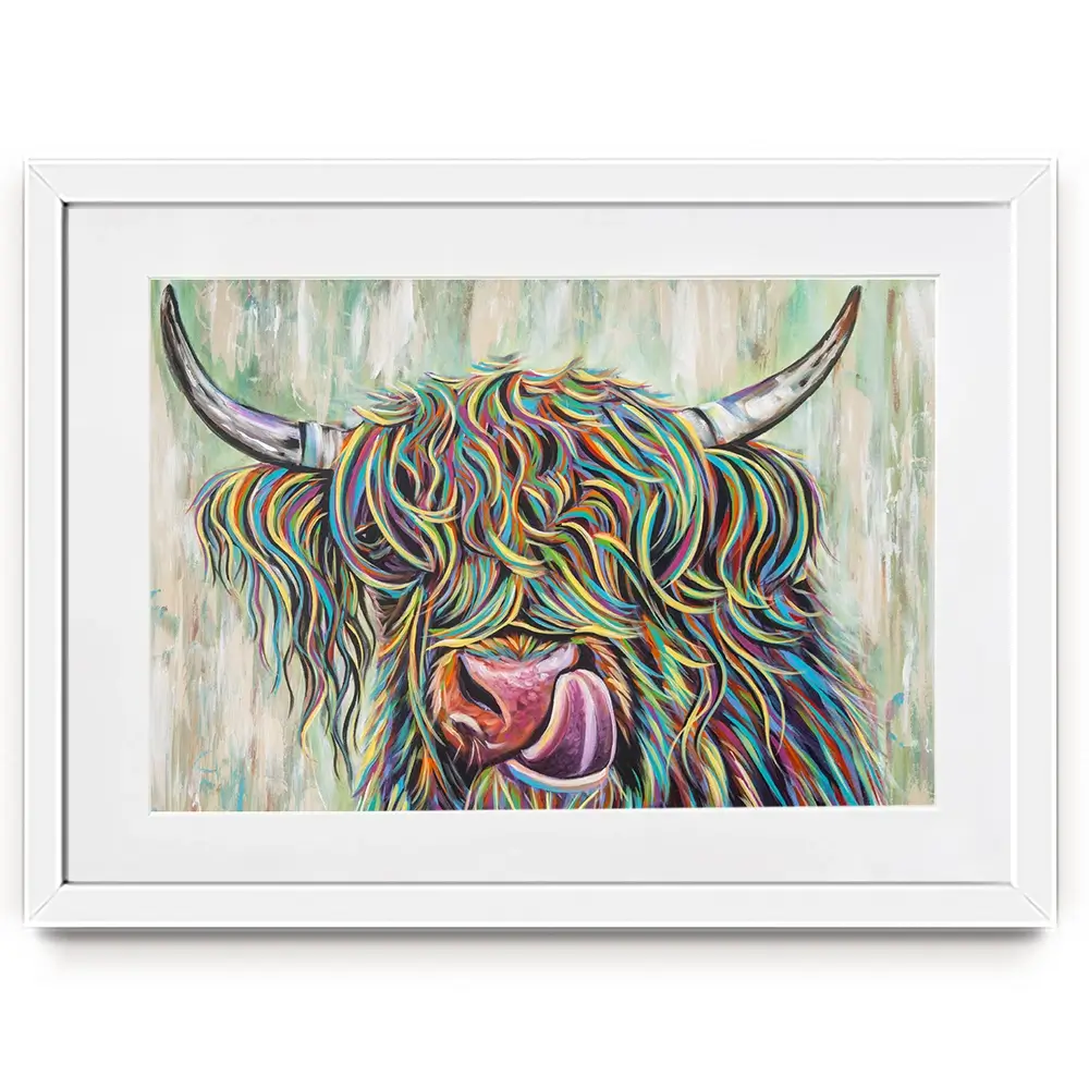 Highland Cow Licking Framed Art Print Highland Cow Licking Framed Art Print wall art product Carolee Vitaletti