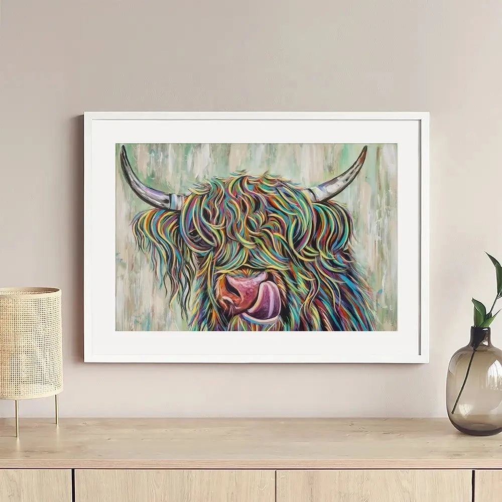 Highland Cow Licking Framed Art Print Highland Cow Licking Framed Art Print wall art product Carolee Vitaletti