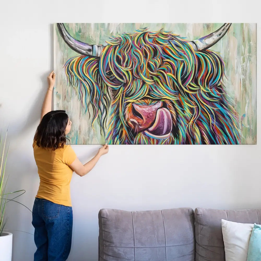 Highland Cow Licking Oversized Canvas Print Highland Cow Licking Oversized Canvas Print wall art product Carolee Vitaletti