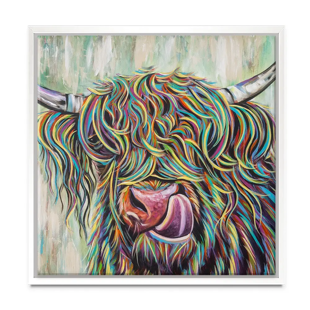 Highland Cow Licking Square Canvas Print Highland Cow Licking Square Canvas Print wall art product Art Print Shop