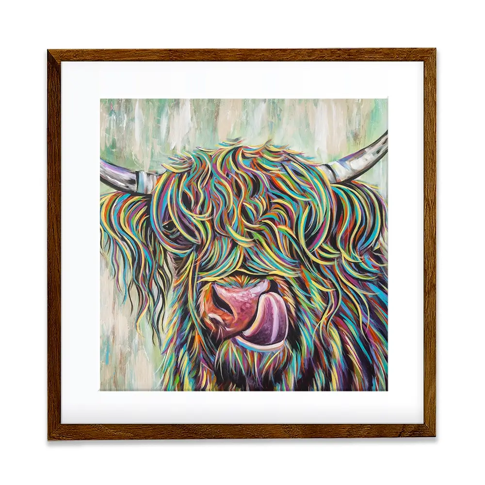 Highland Cow Licking Square Framed Art Print Highland Cow Licking Square Framed Art Print wall art product Art Print Shop