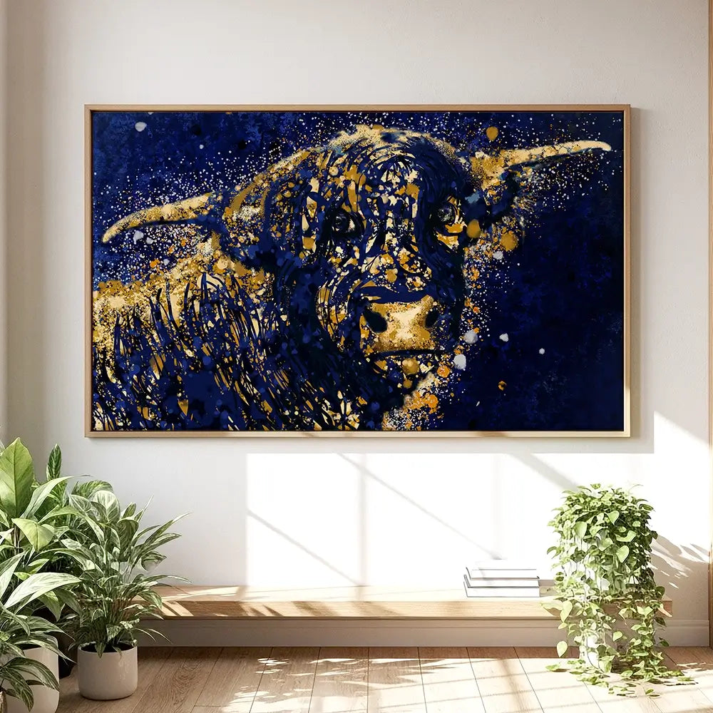 Highland Cow Navy Splash Oversized Canvas Print Highland Cow Navy Splash Oversized Canvas Print wall art product Art Print Shop
