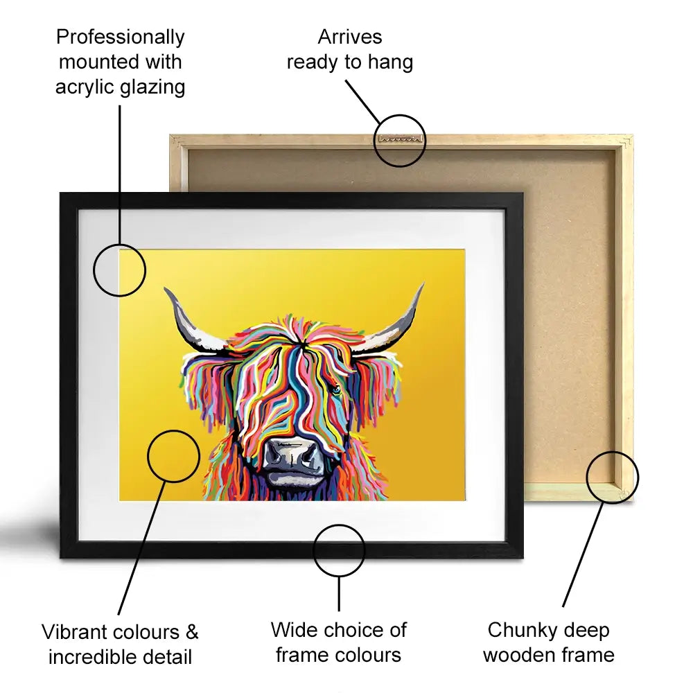 Highland Cow Yellow Framed Art Print Highland Cow Yellow Framed Art Print | Highland Cow Yellow Artwork wall art product Independent