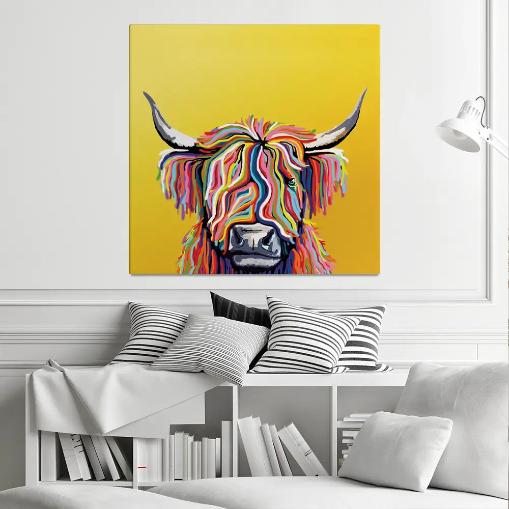 Highland Cow Yellow Square Canvas Print Highland Cow Yellow Square Canvas Print | Highland Cow Yellow Square Artwork wall art product Independent
