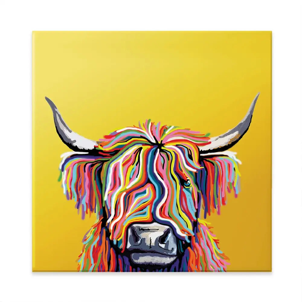 Highland Cow Yellow Square Canvas Print Highland Cow Yellow Square Canvas Print | Highland Cow Yellow Square Artwork wall art product Independent