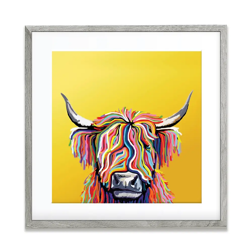 Highland Cow Yellow Square Framed Art Print Highland Cow Yellow Square Framed Art Print wall art product Independent