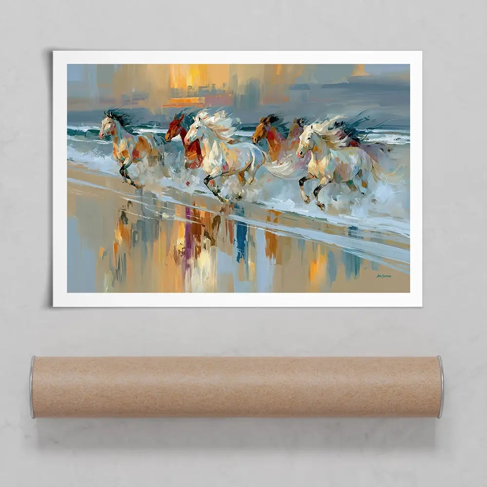 Horses Galloping On The Beach At Sunset Art Print Horses Galloping On The Beach At Sunset Art Print wall art product Leon Devenice