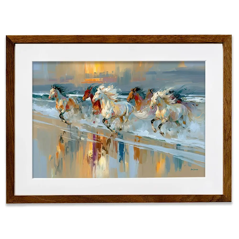 Horses Galloping On The Beach At Sunset Framed Art Print Horses Galloping On The Beach At Sunset Framed Art Print wall art product Leon Devenice