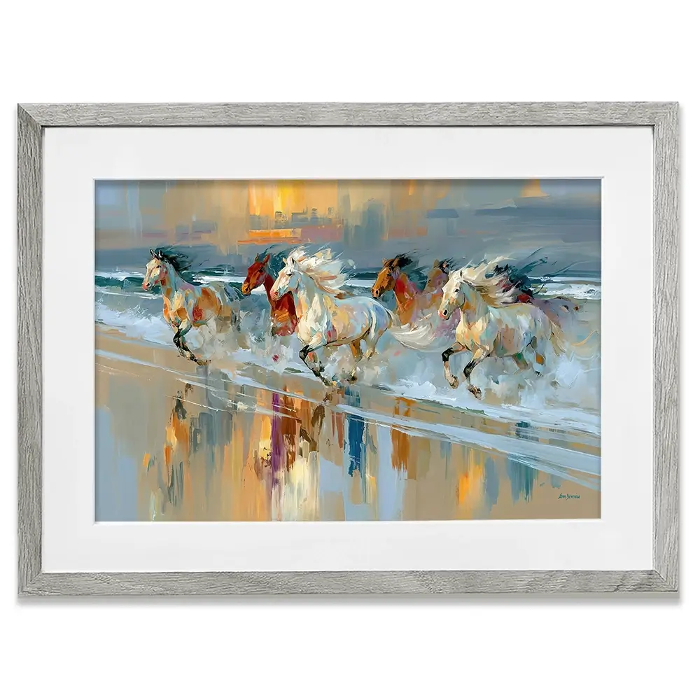Horses Galloping On The Beach At Sunset Framed Art Print Horses Galloping On The Beach At Sunset Framed Art Print wall art product Leon Devenice