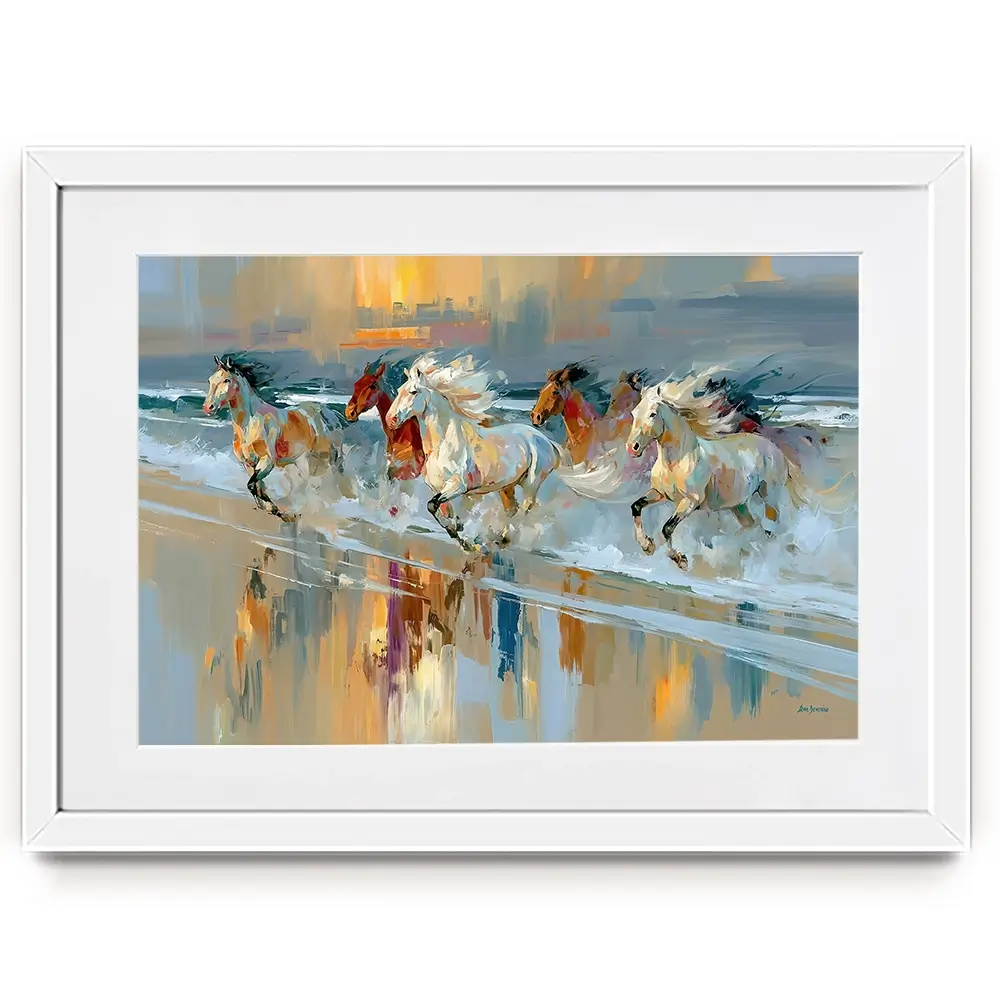 Horses Galloping On The Beach At Sunset Framed Art Print Horses Galloping On The Beach At Sunset Framed Art Print wall art product Leon Devenice