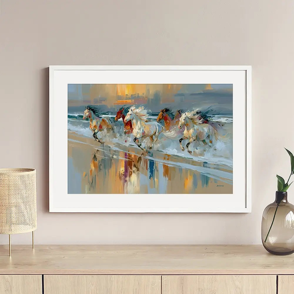 Horses Galloping On The Beach At Sunset Framed Art Print Horses Galloping On The Beach At Sunset Framed Art Print wall art product Leon Devenice