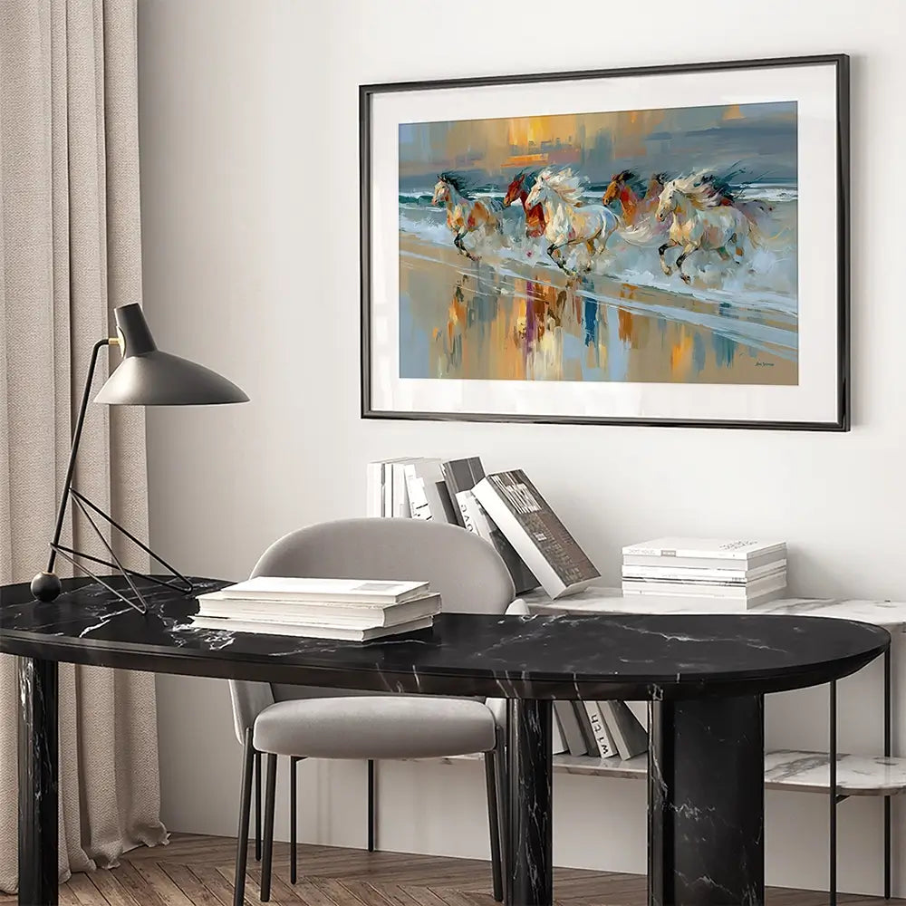 Horses Galloping On The Beach At Sunset Framed Art Print Horses Galloping On The Beach At Sunset Framed Art Print wall art product Leon Devenice