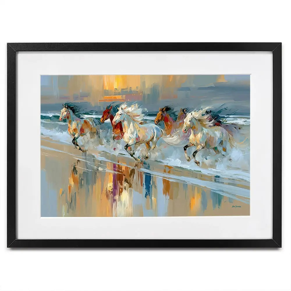 Horses Galloping On The Beach At Sunset Framed Art Print Horses Galloping On The Beach At Sunset Framed Art Print wall art product Leon Devenice
