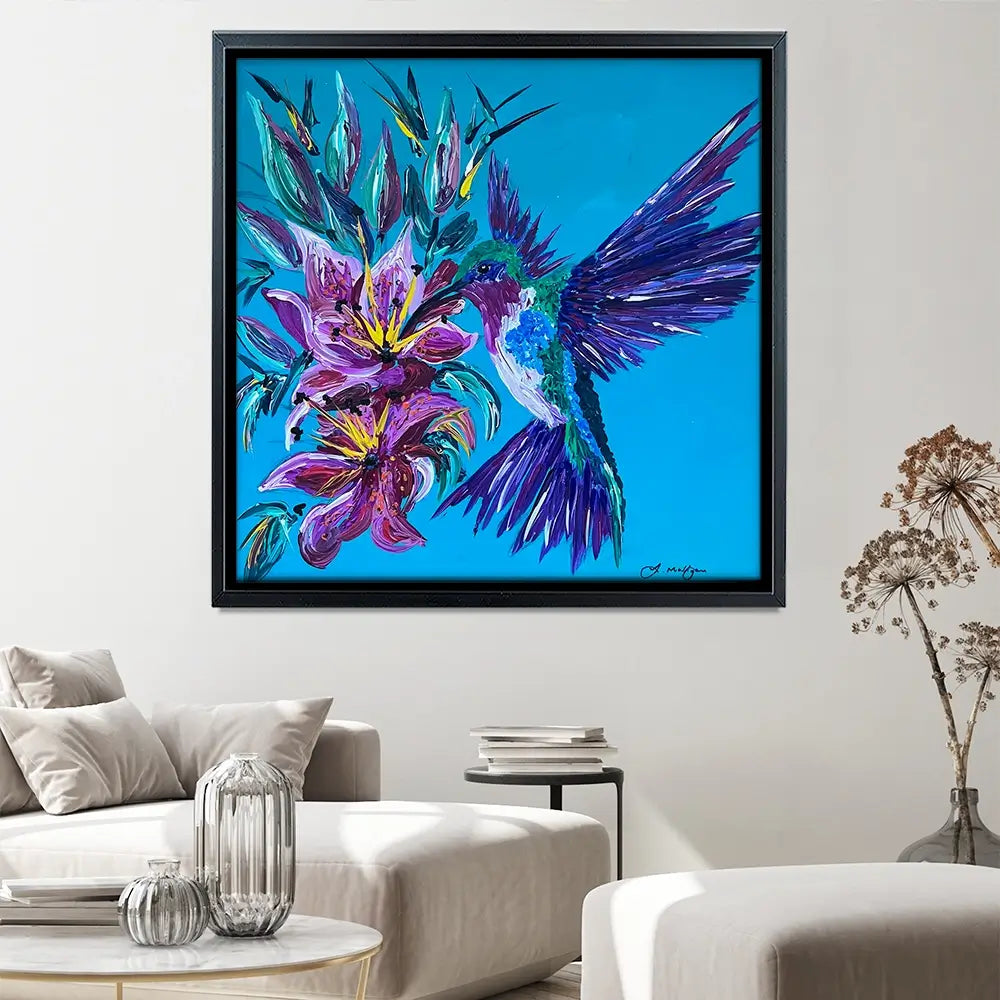 Hummingbirds Kiss Square Canvas Print Hummingbirds Kiss Square Canvas Print wall art product Jo Mulligan