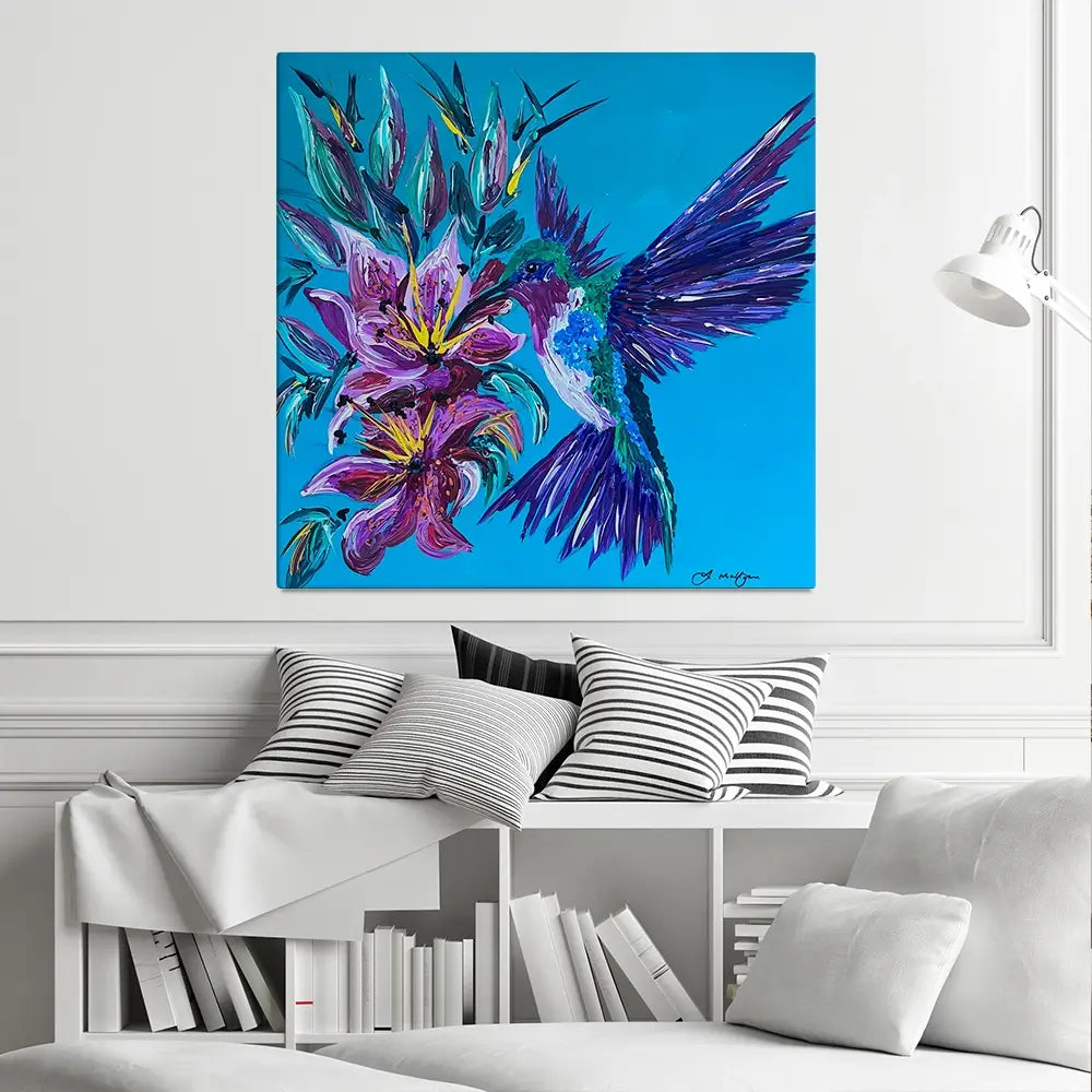 Hummingbirds Kiss Square Canvas Print Hummingbirds Kiss Square Canvas Print wall art product Jo Mulligan