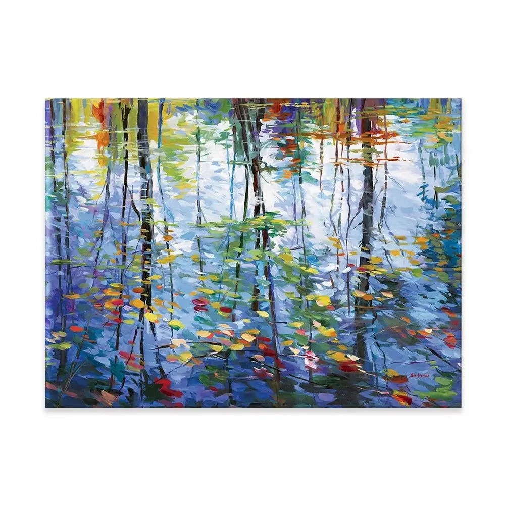 Impressionistic Reflection Of Autumn Trees And Leaves On Water Canvas Print Impressionistic Reflection Of Autumn Trees And Leaves On Water Canvas Print wall art product Leon Devenice
