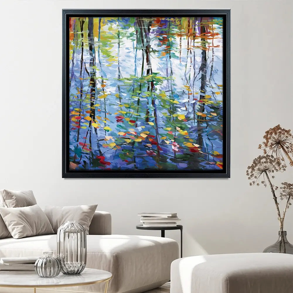 Impressionistic Reflection Of Autumn Trees And Leaves On Water Square Canvas Print Impressionistic Reflection Of Autumn Trees And Leaves On Water Square Canvas Print wall art product Leon Devenice