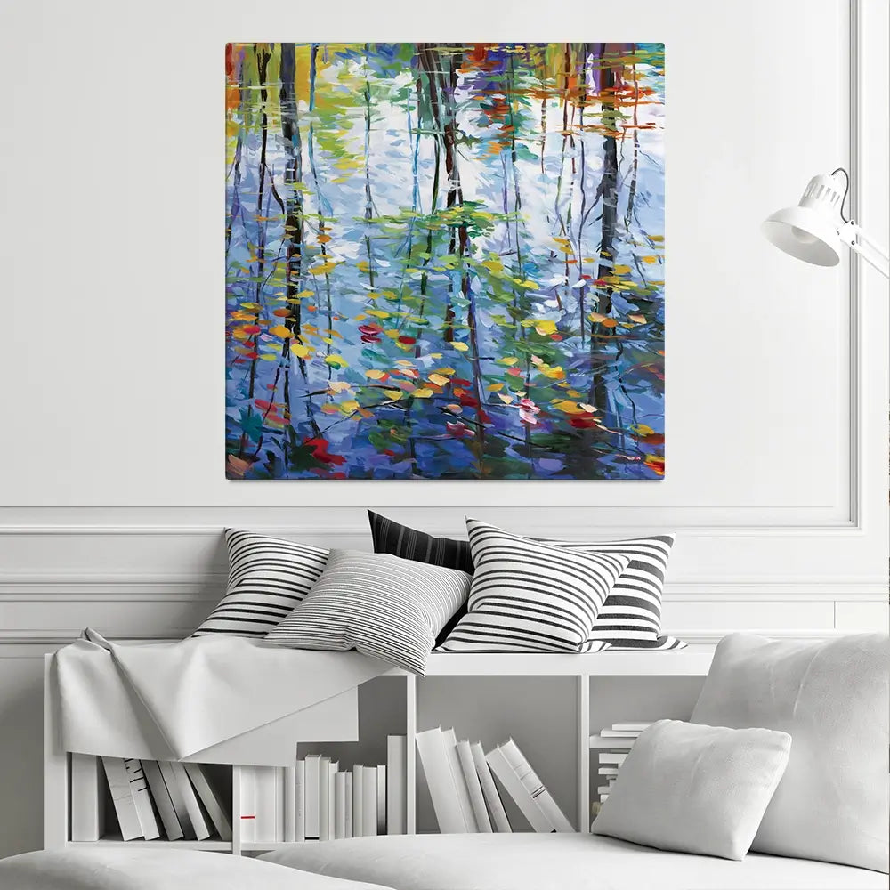 Impressionistic Reflection Of Autumn Trees And Leaves On Water Square Canvas Print Impressionistic Reflection Of Autumn Trees And Leaves On Water Square Canvas Print wall art product Leon Devenice